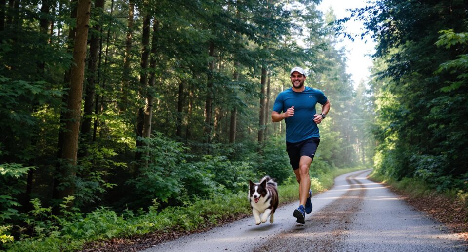 Athletic runner with energetic border collie on forest trail depicting joy and companionship, highlighting dog weight loss journey.