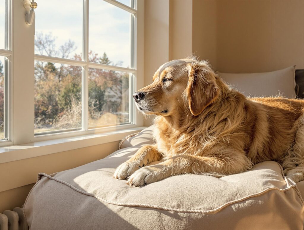 A golden retriever lounging on a cushion by a large window, softly highlighted by sunlight