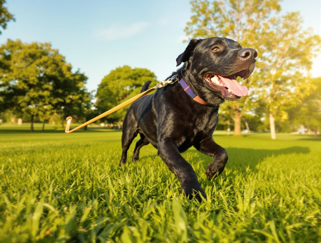 Energetic black Labrador Retriever running in a park, capturing the excitement of dog zoomies.