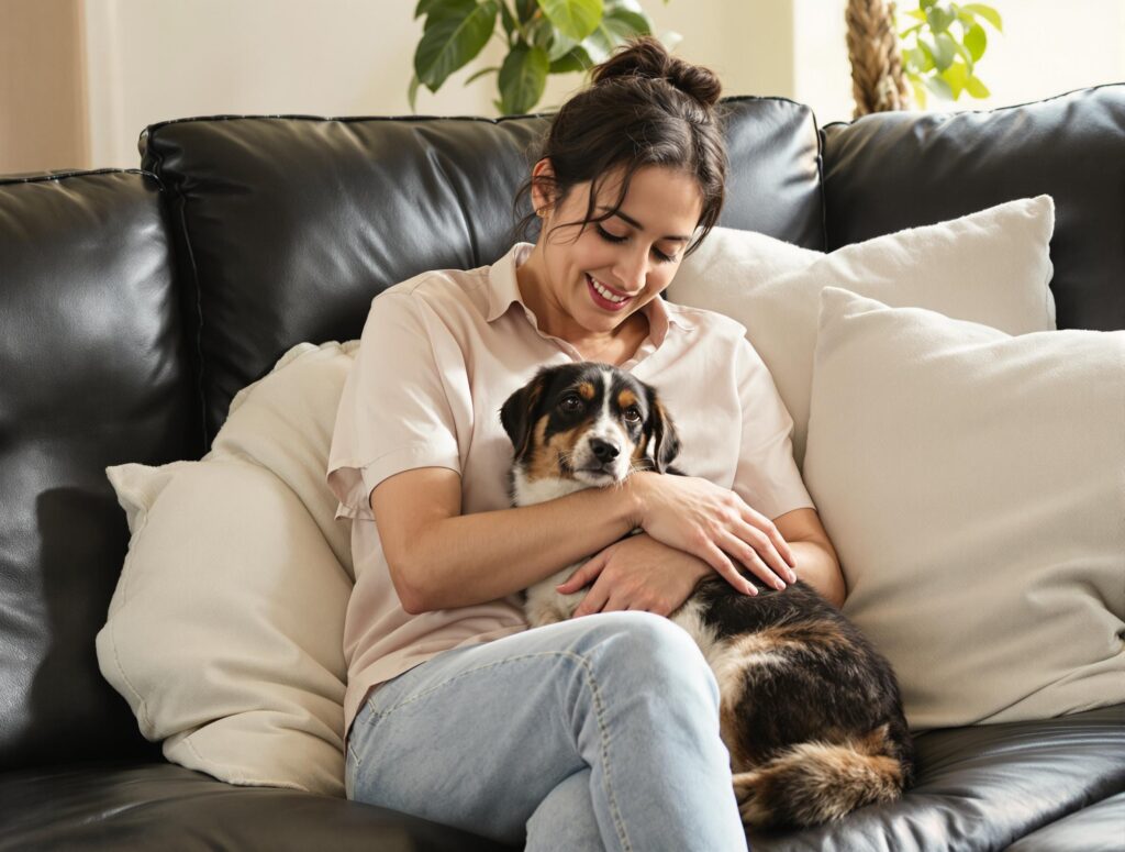 A compassionate pet owner embraces their dog on a sofa, highlighting the emotional bond and addressing questions of dog depression.