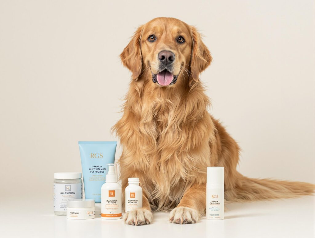 Golden retriever with healthy coat sitting next to premium pet care products for managing dog's dry winter skin.