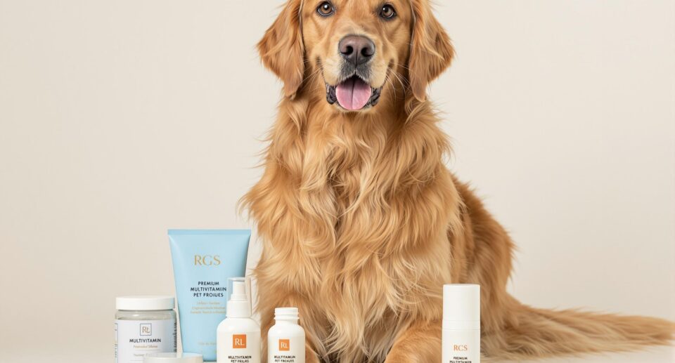 Golden retriever with healthy coat sitting next to premium pet care products for managing dog's dry winter skin.