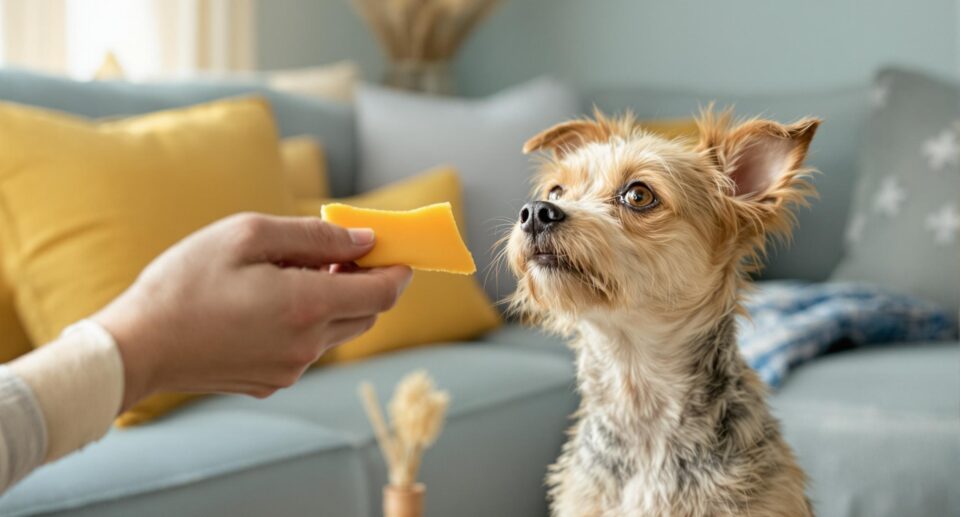 Medium-sized terrier focused on cheese in cozy living room, showcasing can dogs eat cheese interaction.