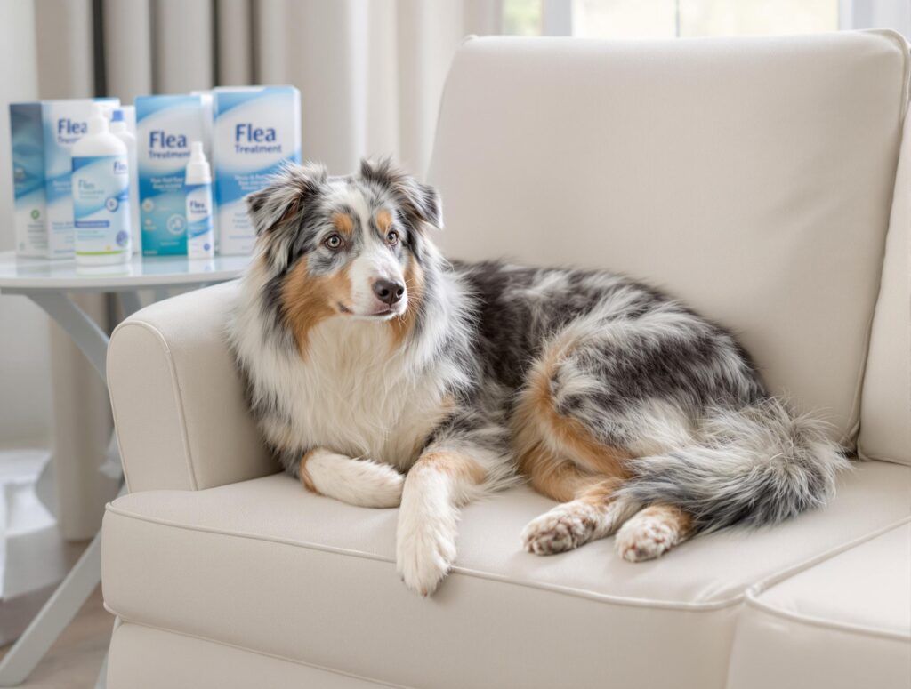 Blue merle Australian Shepherd lounging on a sofa with flea treatment products nearby, highlighting dog flea medicine issues.