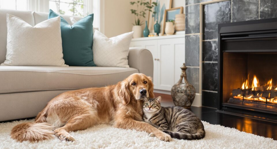 A golden retriever and tabby cat relaxing by a fireplace, illustrating peaceful coexistence during cold weather.