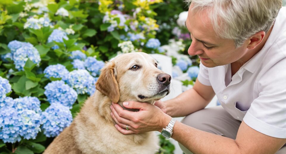 Compassionate pet owner applying flea and tick treatment to a medium-sized dog in a suburban garden, highlighting responsible pet care.