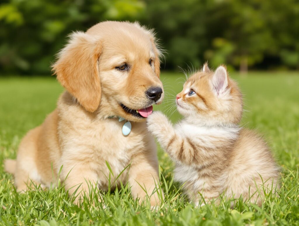 Playful golden retriever puppy and fluffy tabby kitten on grass field, highlighting dog and cat health.