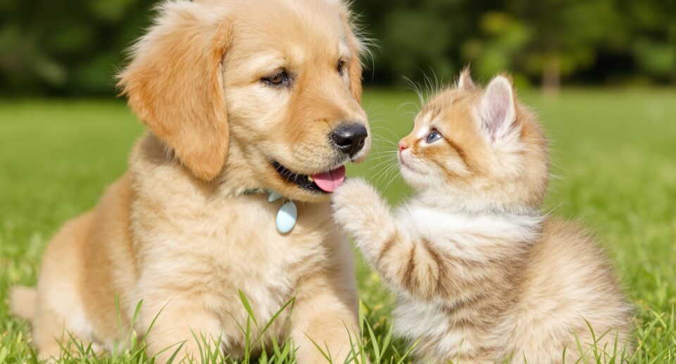 Playful golden retriever puppy and fluffy tabby kitten on grass field, highlighting dog and cat health.