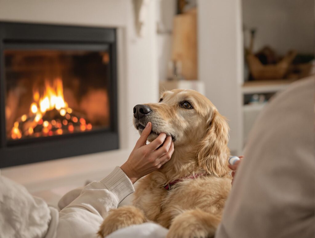 A caring pet owner gives heartworm medication to a trusting golden retriever by a fireplace, illustrating the need for dogs' heartworm medication year-round.