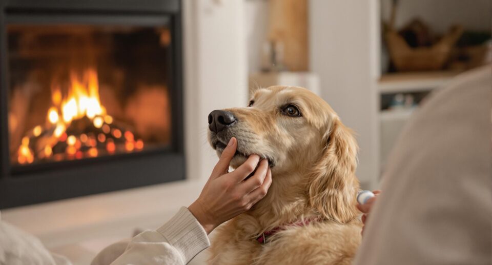 A caring pet owner gives heartworm medication to a trusting golden retriever by a fireplace, illustrating the need for dogs' heartworm medication year-round.