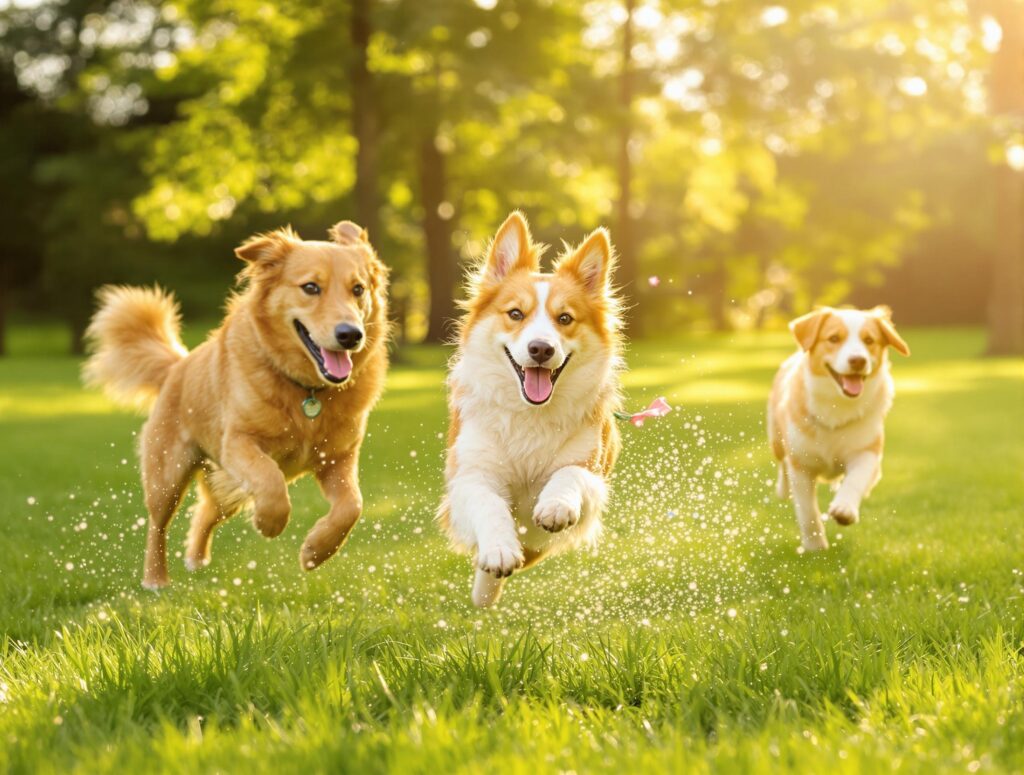Dog frolicking with other dogs in a park