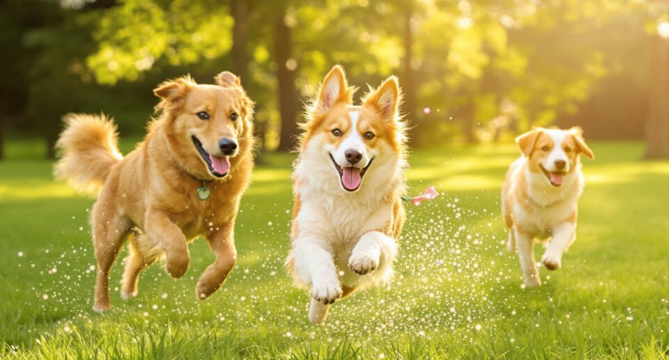 Dog frolicking with other dogs in a park