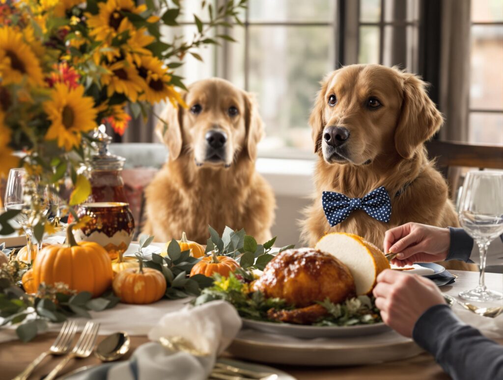A golden retriever in a bow tie sitting at a Thanksgiving table with a roasted turkey, highlighting dogs and holiday tradition.