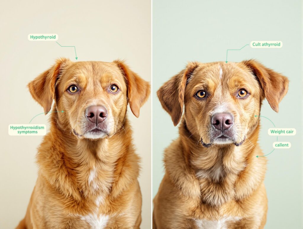 Two dogs side-by-side, one healthy and one with hypothyroidism, illustrating thyroid problems in dogs.