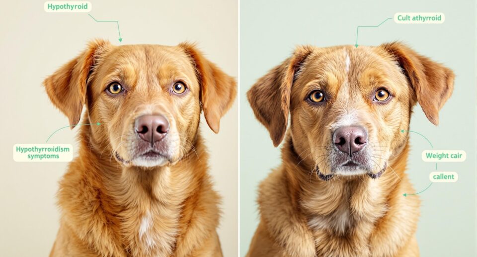 Two dogs side-by-side, one healthy and one with hypothyroidism, illustrating thyroid problems in dogs.