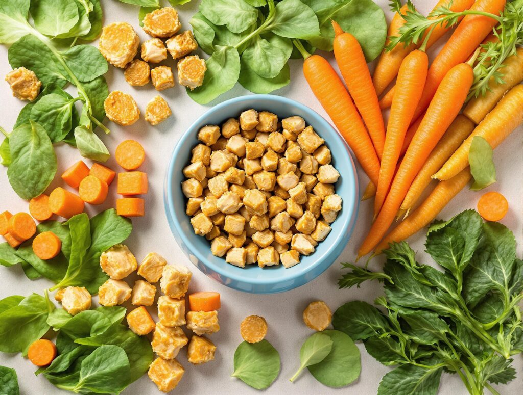 Top-down view of a cornflower blue pet food bowl with fresh chicken, carrots, and spinach, highlighting ingredients for dogs' daily meals.
