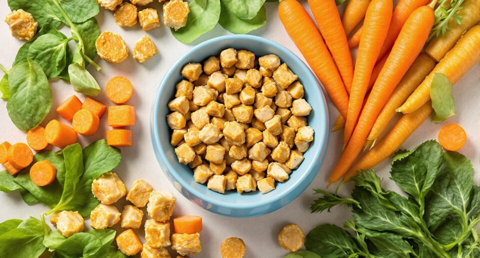 Top-down view of a cornflower blue pet food bowl with fresh chicken, carrots, and spinach, highlighting ingredients for dogs' daily meals.