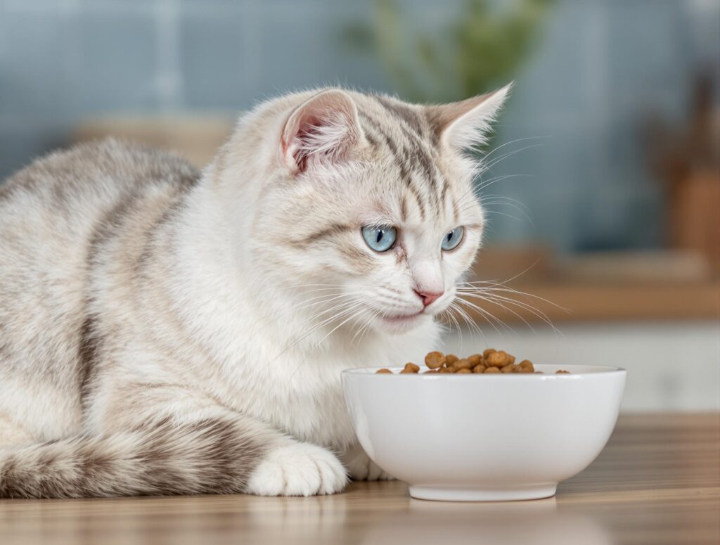 A domestic cat with luxurious fur eats from a minimalist ceramic bowl in a modern kitchen, highlighting high-end pet photography.