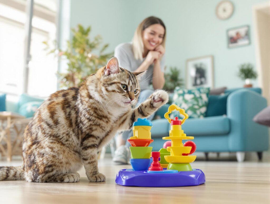 Domestic cat playing with a colorful puzzle toy while owner smiles in a modern living room.
