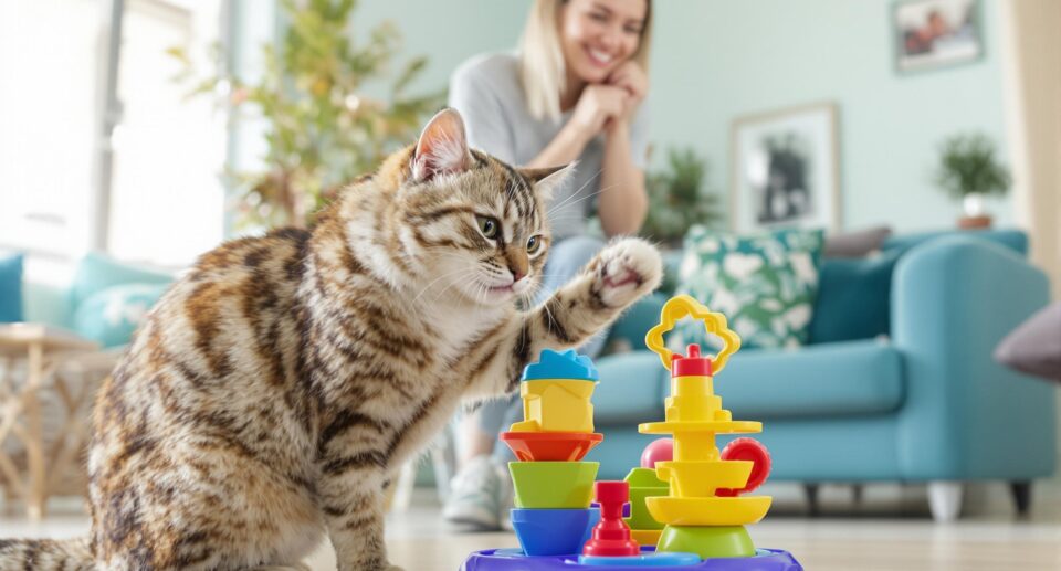 Domestic cat playing with a colorful puzzle toy while owner smiles in a modern living room.