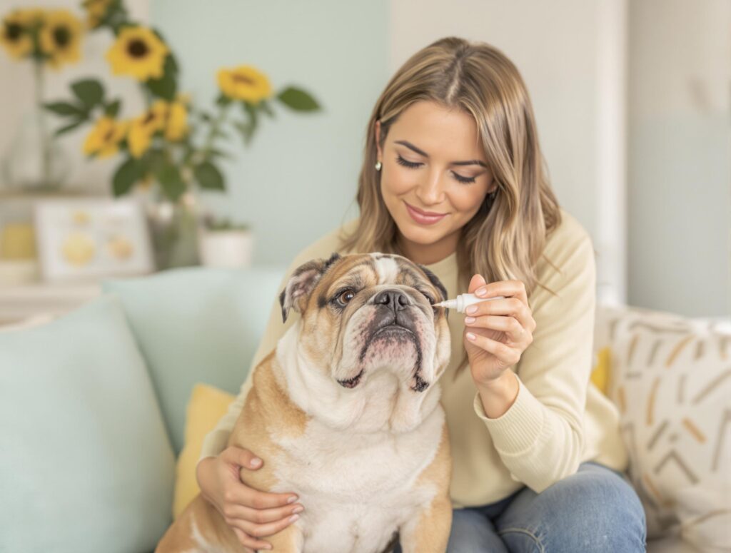 Young woman examines English Bulldog's eyes for dry eye care in a bright home setting.