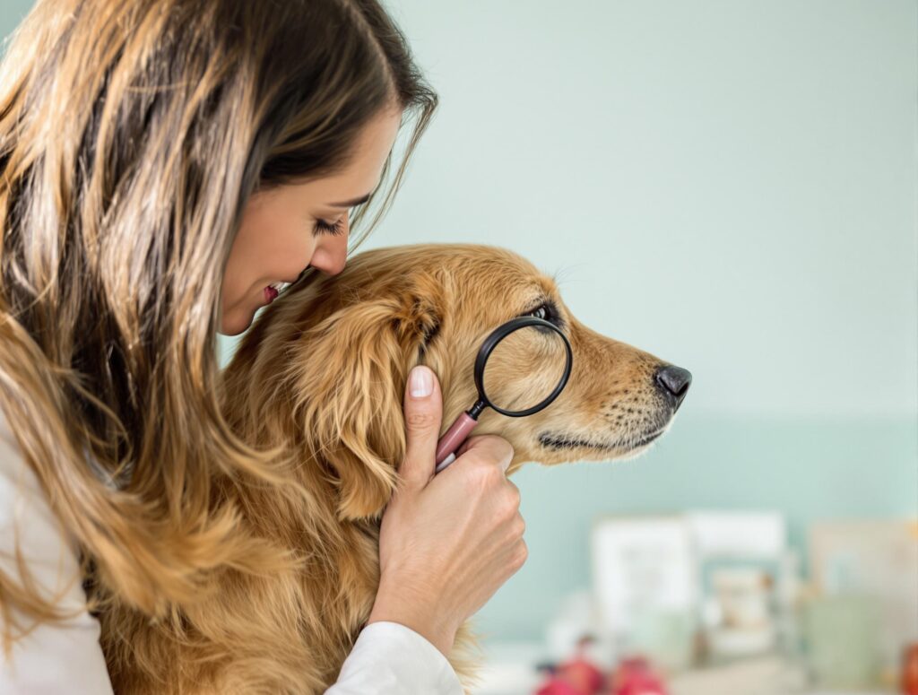 A female vet examines a golden retriever's ear for mites with a magnifying glass.