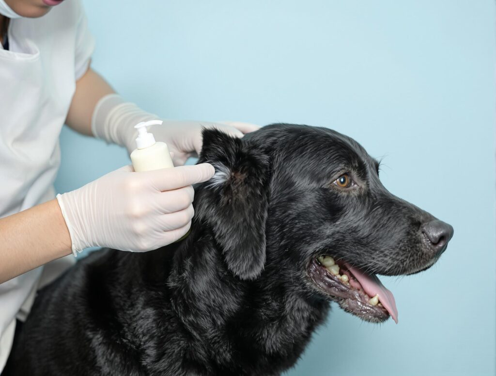 Concerned dog portrait in veterinary setting with ear cleaning supplies, illustrating how to treat ear mites in dogs.
