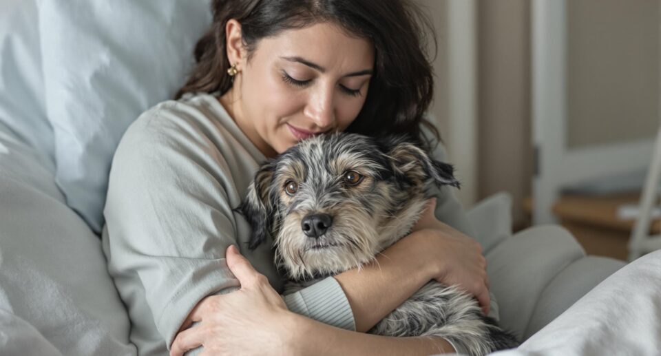 Woman in gray sweater cuddles her healthy, happy terrier mix dog after successful ear mite treatment, showing the joy of proper pet care.