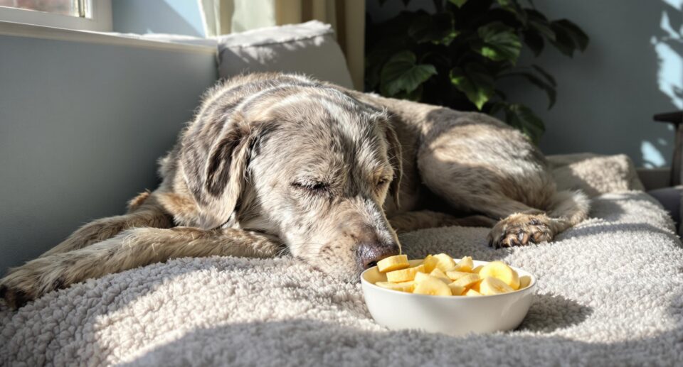 An elderly dog enjoys a bowl of sliced bananas on a warm gray cushion, in a softly lit room with soft blue walls.