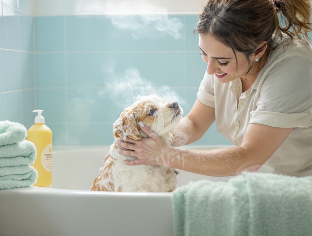 Pet owner washing dog with shampoo to eliminate odor in a warm, clean bathroom.