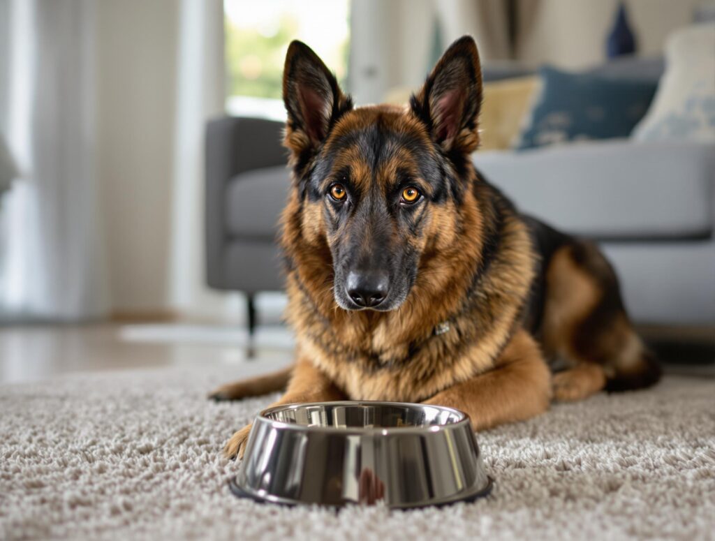 A large german shepherd dog sits in front of a metal food bowl indoors