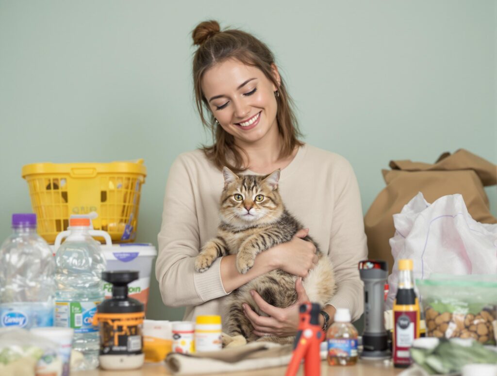 Woman holding tabby cat with emergency supplies, showcasing emergency preparedness and calm protection.