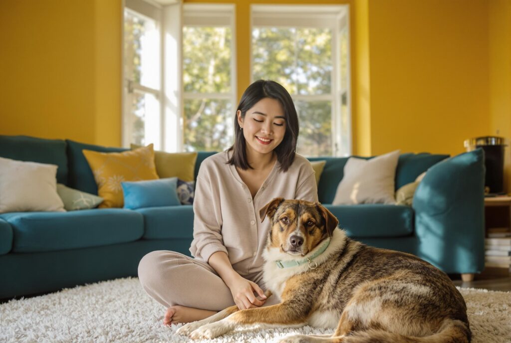 A woman in loungewear sitting with a mixed-breed dog in a cozy living room, conveying emotional connection.