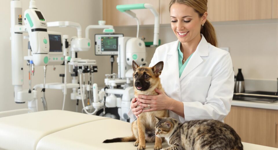 A vibrant border collie and fluffy white cat together in a sunlit room, highlighting endocrine health in dogs and cats.