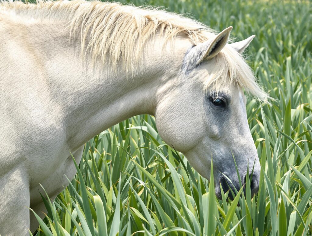 Serene ivory-colored horse grazing in lush pasture, highlighting horse health, related to enteroliths in horses and colic.