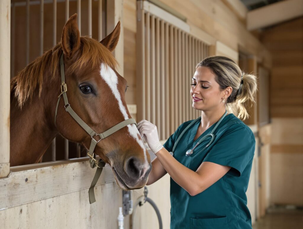 Veterinarian administering vaccine to calm horse in stable, emphasizing equine disease prevention.