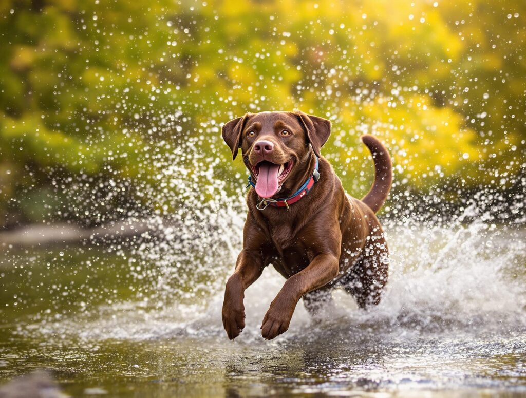 a brown dogs jumps through water in a shallow stream