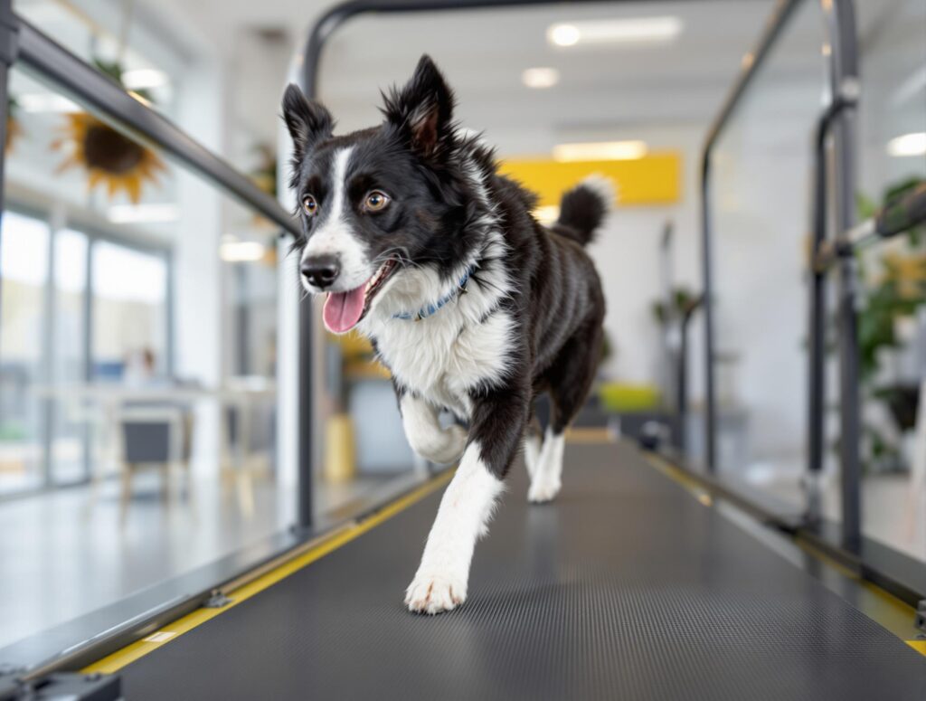 Athletic border collie running on a treadmill in a bright studio, showcasing how to exercise your dog without walks.