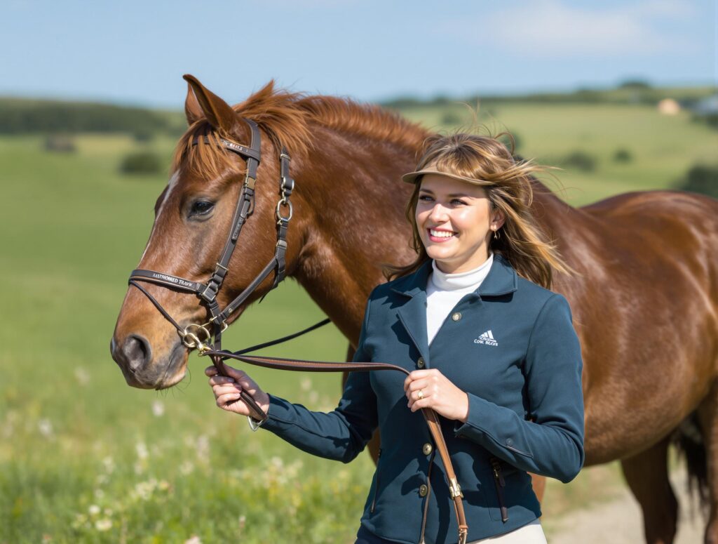 A female rider in teal attire walks a chestnut horse on a pastoral hill, illustrating horse exercise.