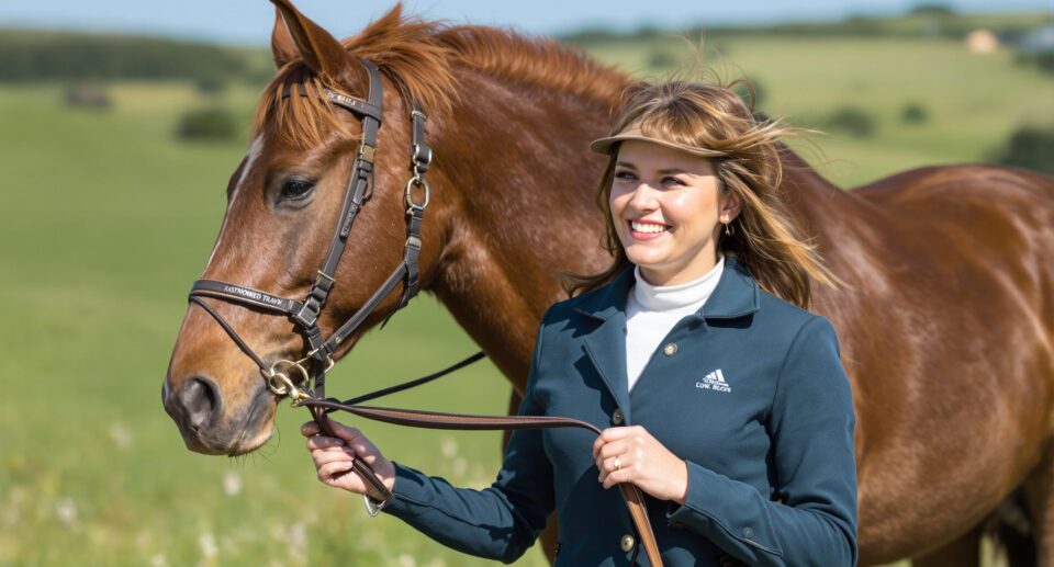 A female rider in teal attire walks a chestnut horse on a pastoral hill, illustrating horse exercise.