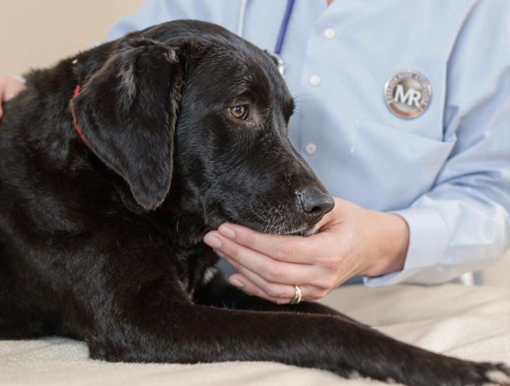 Middle-aged veterinarian examines Labrador Retriever for fatty skin tumors in a professional pet care setting.