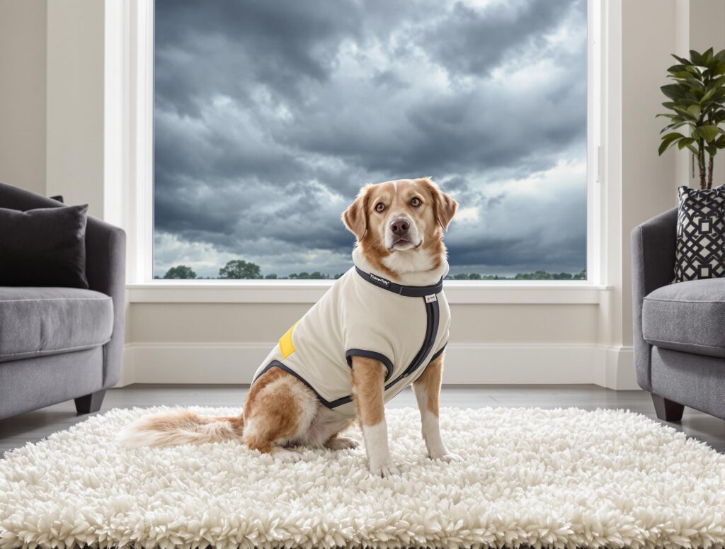 Medium-sized dog wearing a Thundershirt sits calmly in a serene room, illustrating its calming effect on fear and anxiety in dogs.