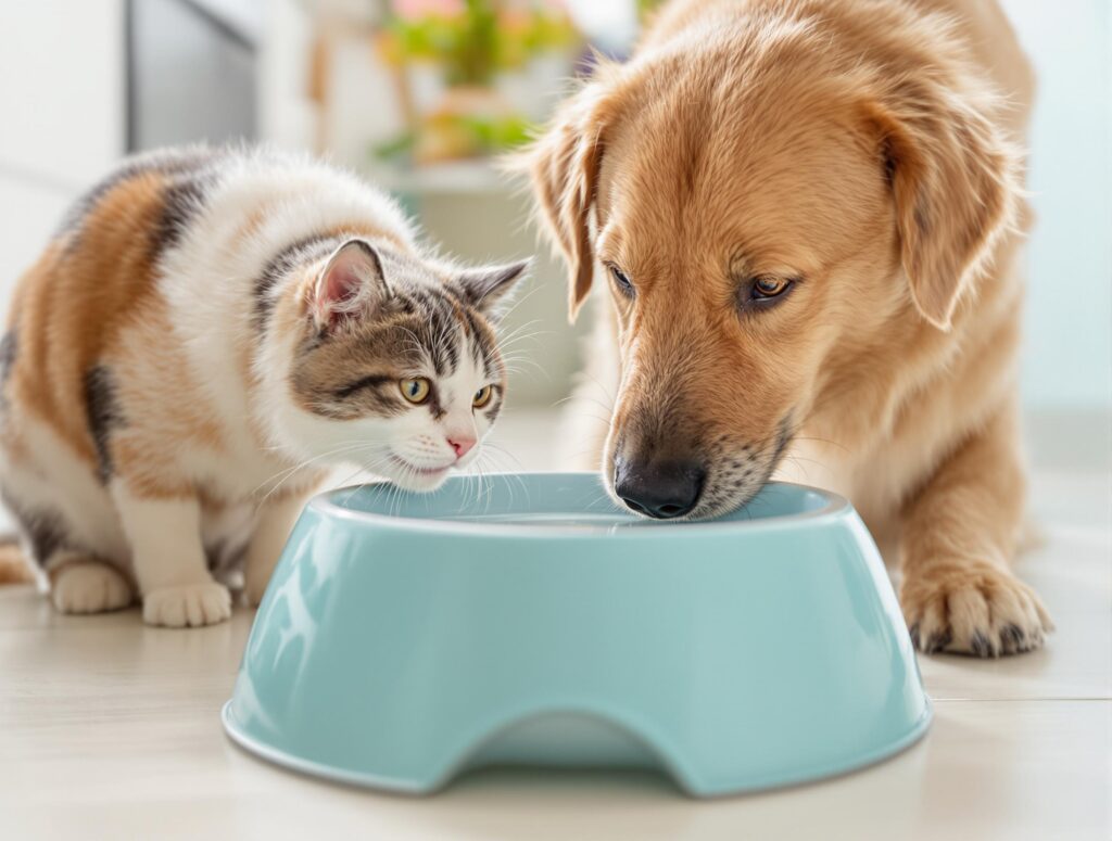 A playful cat and friendly dog sharing a water bowl in a bright kitchen, highlighting inter-species companionship.