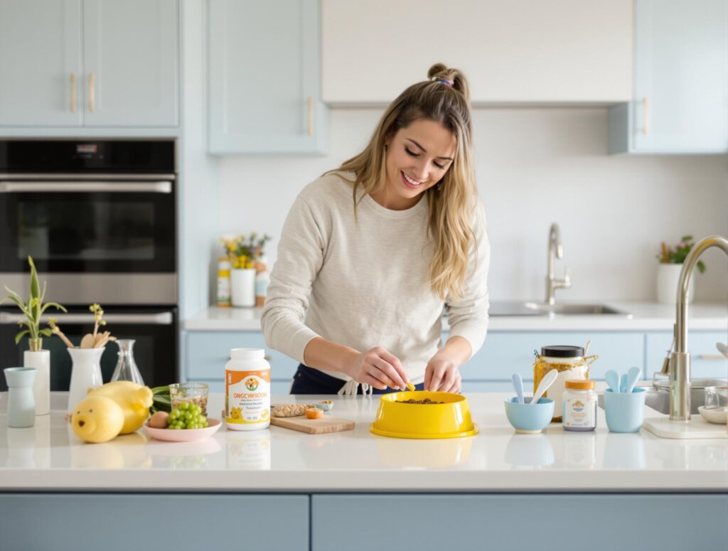 A woman prepares a nutritious meal for a sick golden retriever in a modern kitchen, highlighting responsible pet care.