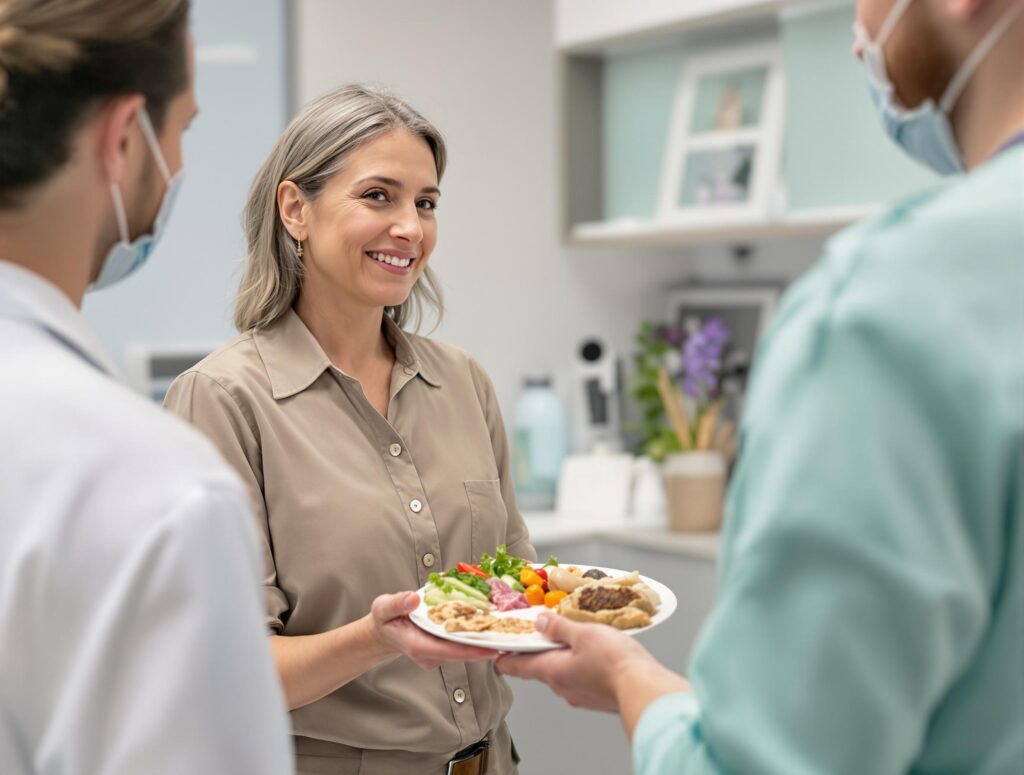A pet owner discusses feeding table scraps with a veterinarian, highlighting pet-friendly food options for dogs.