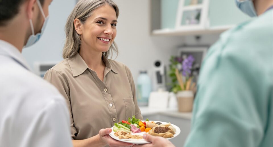 A pet owner discusses feeding table scraps with a veterinarian, highlighting pet-friendly food options for dogs.