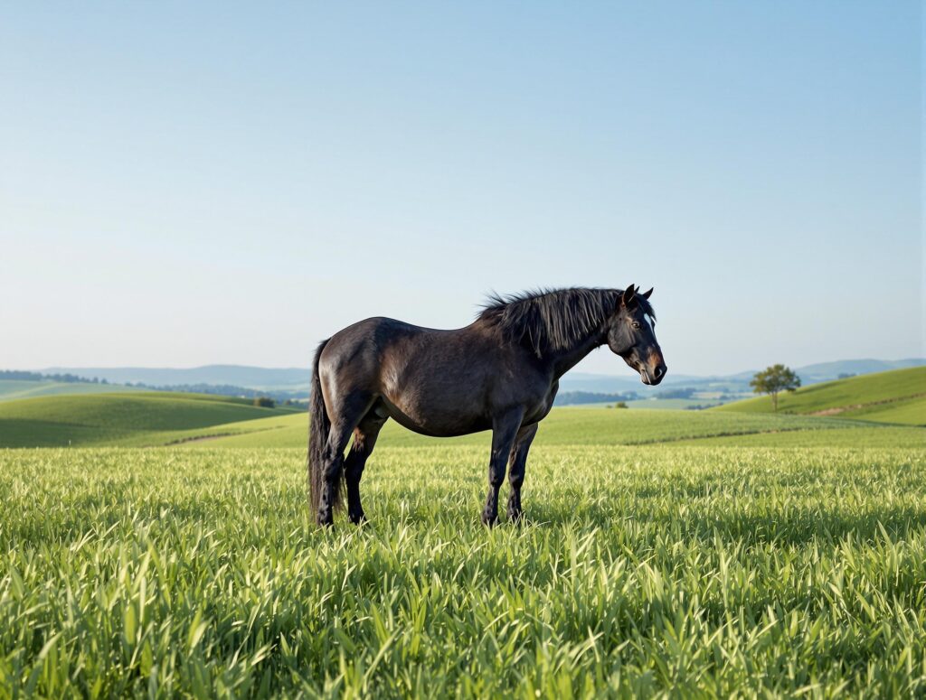 Majestic black horse grazing in a lush pasture under a blue sky, illustrating feeding guide for horses.