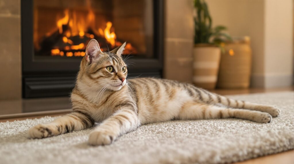 A tabby cat sits in front of a fireplace on a carpet