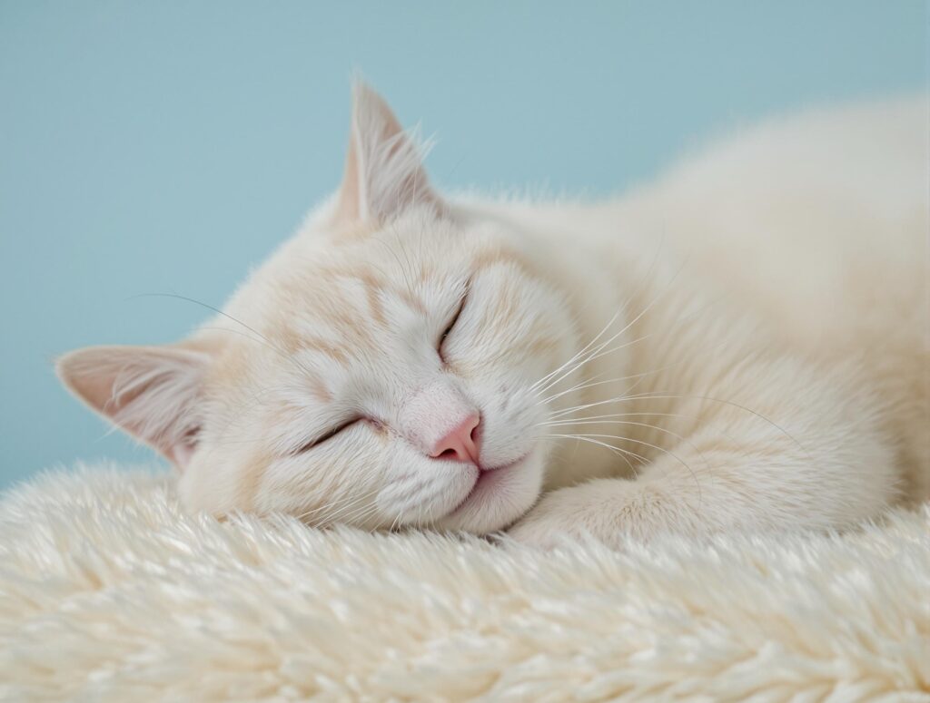 Portrait of a delicate domestic cat with symptoms of feline asthma, resting on an ivory surface with a vulnerable expression.
