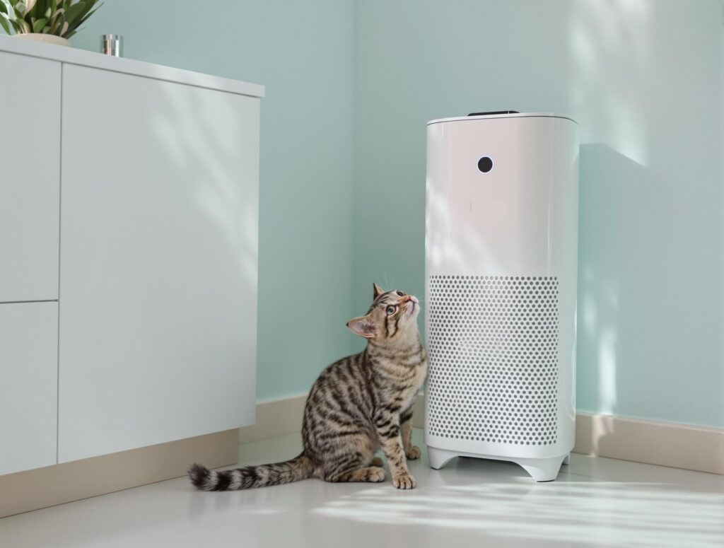 A curious domestic cat near a HEPA air purifier in a clean room, highlighting feline asthma treatment environment.